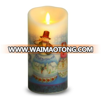 Home and Holiday Decoration Remote LED Candle Blowing Control Candle with Moving Wick and Picture Inside Wax Snowman