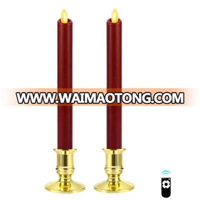 Real wax surface flameless  moving wick LED taper candles with timer and remote 2pcs/set Burgundy